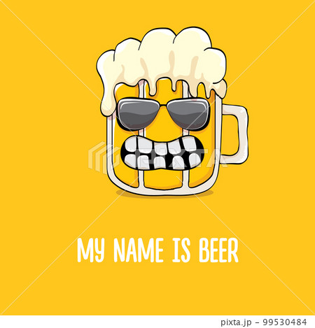 vector cartoon funky beer glass character with sunglasses isolated on orange background.vector beer comic label or poster design template. My name is beer or happy friday print illustration 99530484
