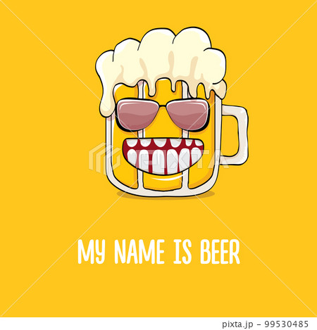 vector cartoon funky beer glass character with sunglasses isolated on orange background.vector beer comic label or poster design template. My name is beer or happy friday print illustration 99530485