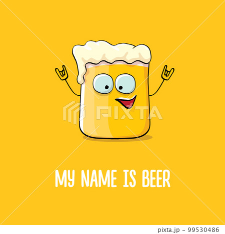 vector cartoon funky beer glass character with sunglasses isolated on orange background.vector beer comic label or poster design template. My name is beer or happy friday print illustration 99530486