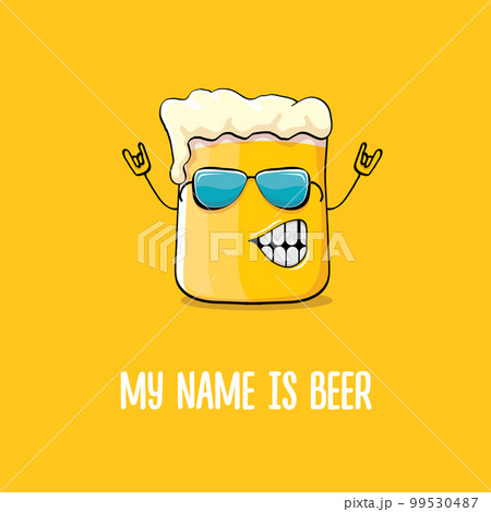 vector cartoon funky beer glass character with sunglasses isolated on orange background.vector beer comic label or poster design template. My name is beer or happy friday print illustration vector cartoon funky beer glass character with sunglasses isolated on orange background.vector beer comic label or poster design template. My name is beer or happy friday print illustration 99530487