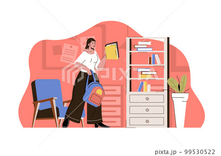 Vocational school concept. Student studies, rushes to classes, gets professional skills situation. Education people scene. Vector illustration with flat character design for website and mobile site 99530522
