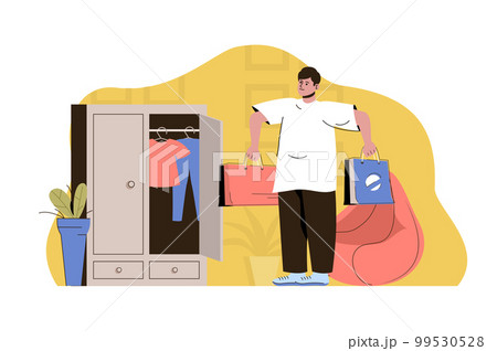 Updated wardrobe concept. Man holds shopping with new stylish clothes situation. Stylist picked up outfits people scene. Vector illustration with flat character design for website and mobile site 99530528