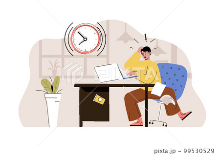 Upcoming deadline concept. Stressed employee rushes to finish task, cannot get in time situation. Work problems people scene. Vector illustration with flat character design for website and mobile site Upcoming deadline concept. Stressed employee rushes to finish task, cannot get in time situation. Work problems people scene. Vector illustration with flat character design for website and mobile site 99530529
