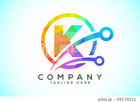 Polygonal low poly K alphabet in a circle with technology sign symbol. Technology logo design concept 99530552