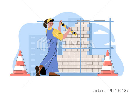Skyscraper construction concept. Woman builder working on building site situation. Real estate business people scene. Vector illustration with flat character design for website and mobile site Skyscraper construction concept. Woman builder working on building site situation. Real estate business people scene. Vector illustration with flat character design for website and mobile site 99530587
