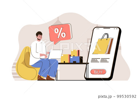 Seasonal discount concept. Man buying goods on sale using laptop situation. Online shopping in mobile app people scene. Vector illustration with flat character design for website and mobile site Seasonal discount concept. Man buying goods on sale using laptop situation. Online shopping in mobile app people scene. Vector illustration with flat character design for website and mobile site 99530592