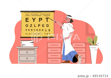 Optometrist services concept. Doctor checks visual acuity, prescribes glasses situation. Ophthalmology clinic people scene. Vector illustration with flat character design for website and mobile site Optometrist services concept. Doctor checks visual acuity, prescribes glasses situation. Ophthalmology clinic people scene. Vector illustration with flat character design for website and mobile site 99530714