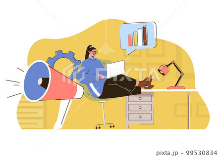 Marketing strategy concept. Woman marketer plans work, makes advertising campaign situation. Business promotion people scene. Vector illustration with flat character design for website and mobile site 99530834