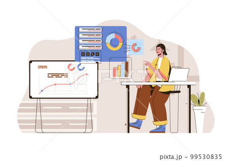 Marketing research concept. Woman marketer analyzes data situation. Business statistics, financial analytics people scene. Vector illustration with flat character design for website and mobile site 99530835