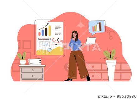 Market research concept. Woman analyst analyzes data situation. Business statistics, financial analytics people scene. Vector illustration with flat character design for website and mobile site 99530836