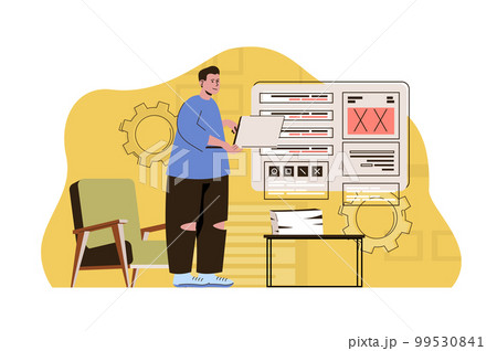 Machine language concept. Programmer works on laptop, gives instruction set situation. Software development people scene. Vector illustration with flat character design for website and mobile site 99530841