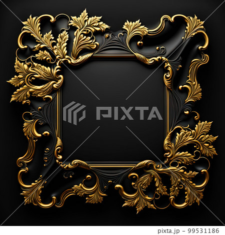 Golden ornamental frame on black bakcground. Retro golden frame with vintage ornament. Generative AI. Golden ornamental frame on black bakcground. Retro golden frame with vintage ornament. Generative AI. 99531186
