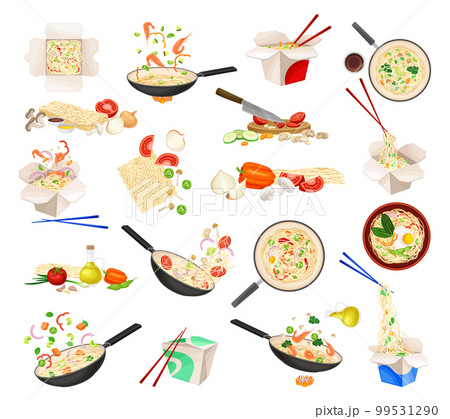 Wok Chinese Noodles Preparation Process with Ingredients Big Vector Set Wok Chinese Noodles Preparation Process with Ingredients Big Vector Set 99531290