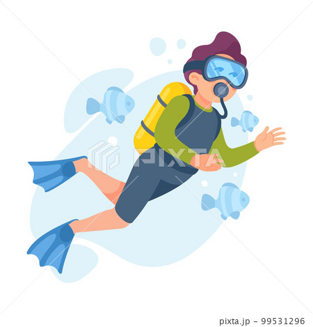Funny Boy Snorkeling with Tube and Goggles Doing Water Sport Activity Vector Illustration 99531296