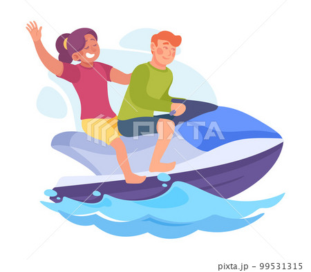 Funny Boy and Girl Riding Motor Boat Doing Water Sport Activity Vector Illustration 99531315