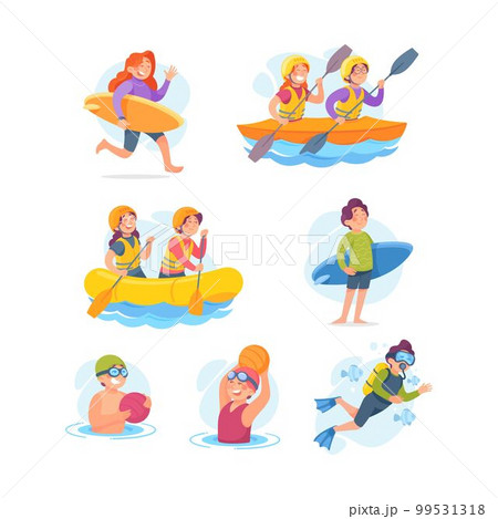Funny Children Doing Water Sport Activity Vector Set 99531318
