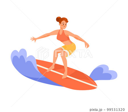 Woman Character Riding Wave on Surfboard Doing Water Sport Activity Vector Illustration Woman Character Riding Wave on Surfboard Doing Water Sport Activity Vector Illustration 99531320