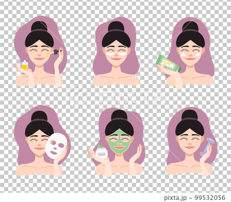 Set of flat icon beauty procedure. Girls use facial oil, eye patches, facial mask, spf, cream, roller. Vector illustration Set of flat icon beauty procedure. Girls use facial oil, eye patches, facial mask, spf, cream, roller. Vector illustration 99532056