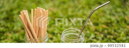 Steel drinking vs disposable straws on grass background. Zero waste concept BANNER, LONG FORMAT Steel drinking vs disposable straws on grass background. Zero waste concept BANNER, LONG FORMAT 99532581