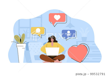 Content maker concept. Woman creates content for social networks situation. Management, business promotion people scene. Vector illustration with flat character design for website and mobile site Content maker concept. Woman creates content for social networks situation. Management, business promotion people scene. Vector illustration with flat character design for website and mobile site 99532791