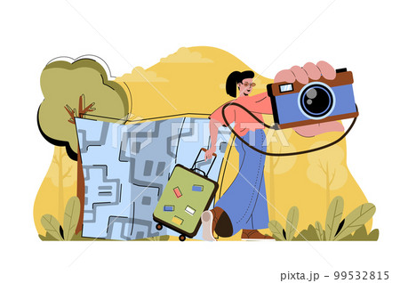 Capture impressions concept. Woman with photo camera going on vacation situation. Memorable moments from travel people scene. Vector illustration with flat character design for website and mobile site 99532815