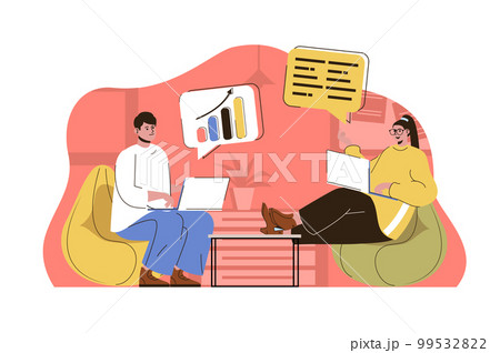 Business meeting concept. Colleagues discuss tasks, analyze report with data statistics situation. Teamwork people scene. Vector illustration with flat character design for website and mobile site Business meeting concept. Colleagues discuss tasks, analyze report with data statistics situation. Teamwork people scene. Vector illustration with flat character design for website and mobile site 99532822