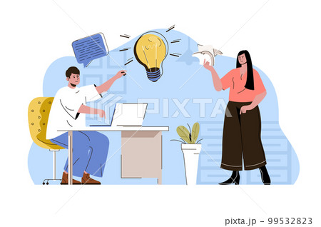 Business idea concept. Employees brainstorm and find creative solution to tasks situation. Office teamwork people scene. Vector illustration with flat character design for website and mobile site 99532823