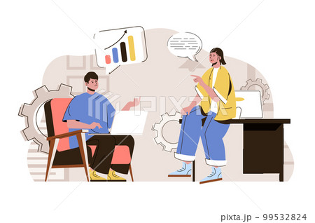 Business discussion concept. Employees in office discussing work tasks situation. Brainstorming and teamwork people scene. Vector illustration with flat character design for website and mobile site Business discussion concept. Employees in office discussing work tasks situation. Brainstorming and teamwork people scene. Vector illustration with flat character design for website and mobile site 99532824