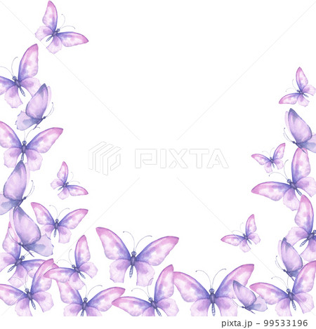 Watercolor illustration with delicate butterflies are pink, purple flying in the stream. For the design and decoration of frames, banners, postcards, certificate Watercolor illustration with delicate butterflies are pink, purple flying in the stream. For the design and decoration of frames, banners, postcards, certificate 99533196