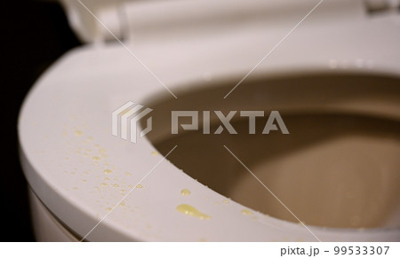 urine on white toilet seat left down showing a mess urine on white toilet seat left down showing a mess 99533307