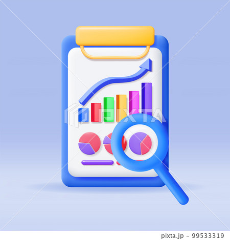 3D Pie Diagram in Clipboard with Magnifying Glass 99533319