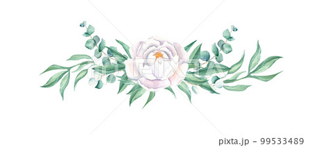 Watercolor white peony and eucalyptus garland isolated on white background. Hand drawn botanical illustration. Can be used for wedding, birthday, save the date, greeting cards design. 99533489
