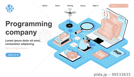 Programming company isometric concept. Programmer writes code, develops and configures programs, creates software, line flat isometry web banner. Vector illustration in 3d design for landing page 99533635