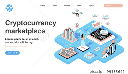 Cryptocurrency marketplace isometric concept. Woman sells or buys bitcoins, makes digital money, crypto business, line flat isometry web banner. Vector illustration in 3d design for landing page Cryptocurrency marketplace isometric concept. Woman sells or buys bitcoins, makes digital money, crypto business, line flat isometry web banner. Vector illustration in 3d design for landing page 99533645