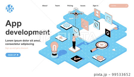 App development isometric concept. Developer creates layout with buttons for mobile application, usability interface, line flat isometry web banner. Vector illustration in 3d design for landing page App development isometric concept. Developer creates layout with buttons for mobile application, usability interface, line flat isometry web banner. Vector illustration in 3d design for landing page 99533652