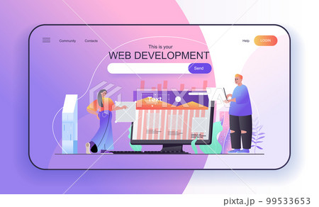 This is your Web Development concept for landing page. Designers create page layout, programming, optimization and testing web banner template. Vector illustration in flat cartoon design for web page 99533653