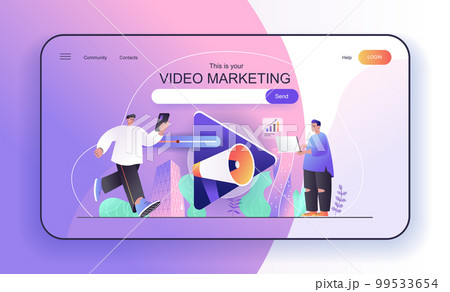 This is your Video Marketing concept for landing page. Video content creation, online promotion strategy, advertisement web banner template. Vector illustration in flat cartoon design for web page This is your Video Marketing concept for landing page. Video content creation, online promotion strategy, advertisement web banner template. Vector illustration in flat cartoon design for web page 99533654