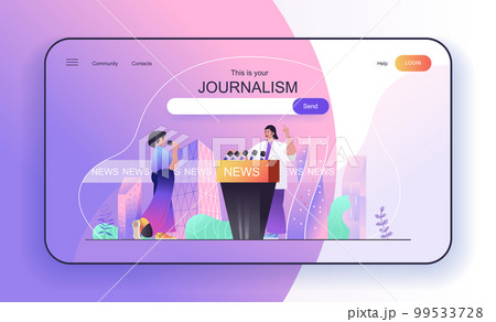 This is your Journalism concept for landing page. Journalist takes commentary or interview, host of news in tv studio web banner template. Vector illustration in flat cartoon design for web page 99533728
