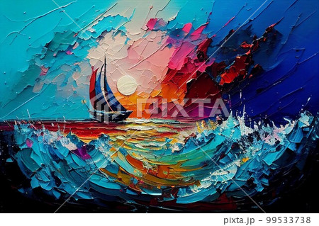 海 船 太陽 油絵のイラスト素材 [99533738] - PIXTA