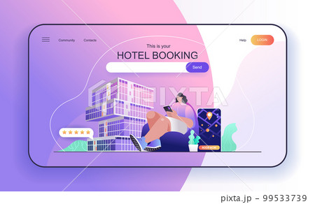 This is your Hotel Booking concept for landing page. Traveler reserves room or apartment in mobile application for vacation web banner template. Vector illustration in flat cartoon design for web page 99533739