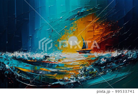 海　船　太陽　油絵 99533741