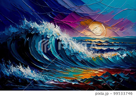 油絵 太陽と海
