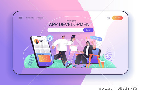 This is your App development concept for landing page. Developers create and optimization mobile applications and programs web banner template. Vector illustration in flat cartoon design for web page This is your App development concept for landing page. Developers create and optimization mobile applications and programs web banner template. Vector illustration in flat cartoon design for web page 99533785