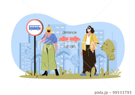 Social distance web character concept. Women in medical masks keep distance standing at bus station, coronavirus prevention isolated scene with persons. Vector illustration with people in flat design Social distance web character concept. Women in medical masks keep distance standing at bus station, coronavirus prevention isolated scene with persons. Vector illustration with people in flat design 99533793