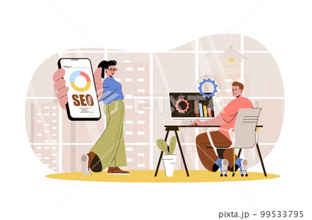 Seo optimization web character concept. Marketers team settings search engine, analyzes data, monitoring in mobile app, isolated scene with persons. Vector illustration with people in flat design 99533795