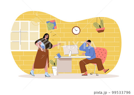 Remote work disadvantage web character concept. Male distant worker distracted by wife with baby, stress at work at home, isolated scene with persons. Vector illustration with people in flat design 99533796