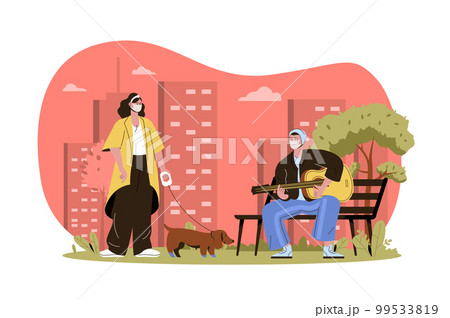 Masked people web character concept. Woman in mask walking dog, man plays guitar in park. Preventing spread of coronavirus isolated scene with persons. Vector illustration with people in flat design Masked people web character concept. Woman in mask walking dog, man plays guitar in park. Preventing spread of coronavirus isolated scene with persons. Vector illustration with people in flat design 99533819