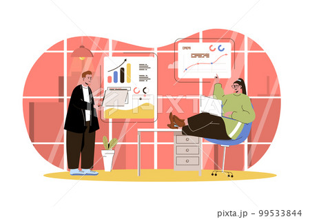 Big data analysis web character concept. Marketing team analyzes data, financial statistics, business analytics in office, isolated scene with person. Vector illustration with people in flat design Big data analysis web character concept. Marketing team analyzes data, financial statistics, business analytics in office, isolated scene with person. Vector illustration with people in flat design 99533844