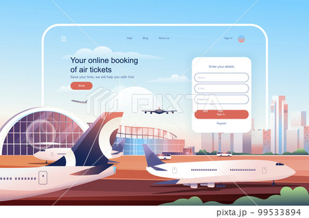 Online booking at air tickets concept. Airplane ticket reservation service website layout. International tourism and travel, go on vacation. Vector illustration in flat design for landing page 99533894