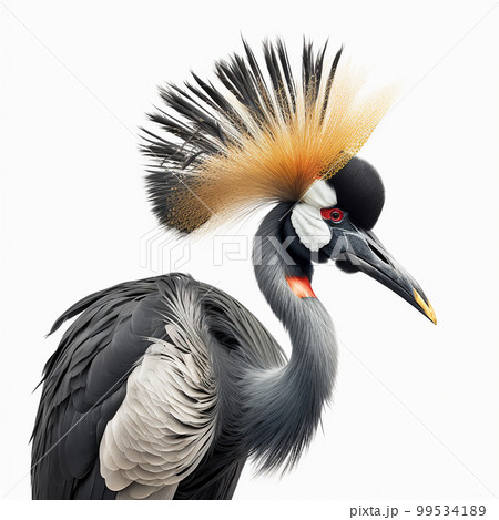 Crowned crane Balearica regulorum isolated on white close-up, beautiful unusual bird 99534189